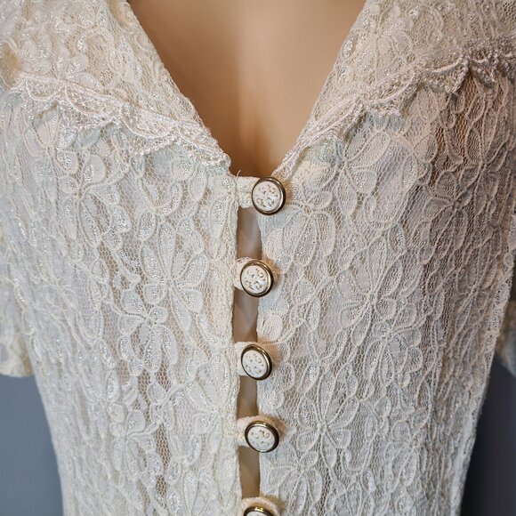 Vtg 90s Lace Romantic Dress Sz 24 Button Front Victorian Fairy Whimsical Cream - Picture 2 of 14